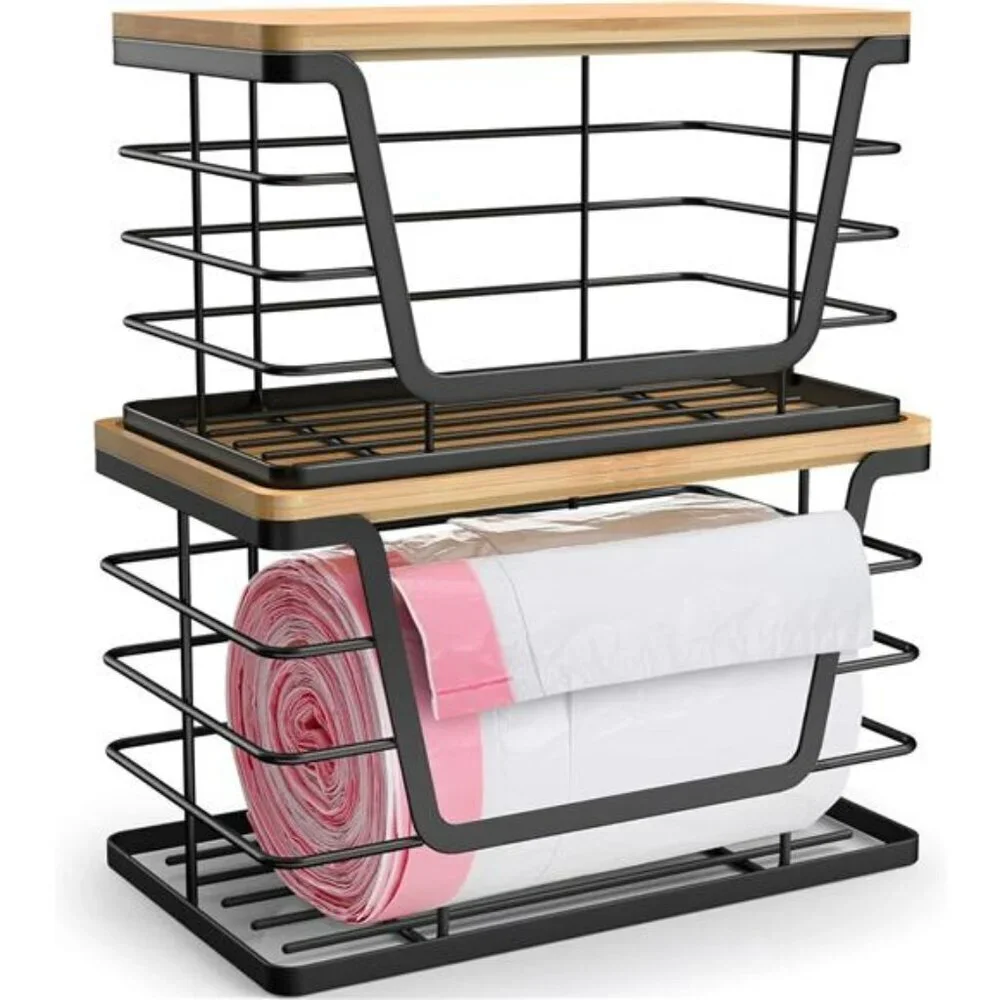 2 Pack Trash Bag Organizer Stackable Kitchen Wall Mount Bamboo Dispenser
